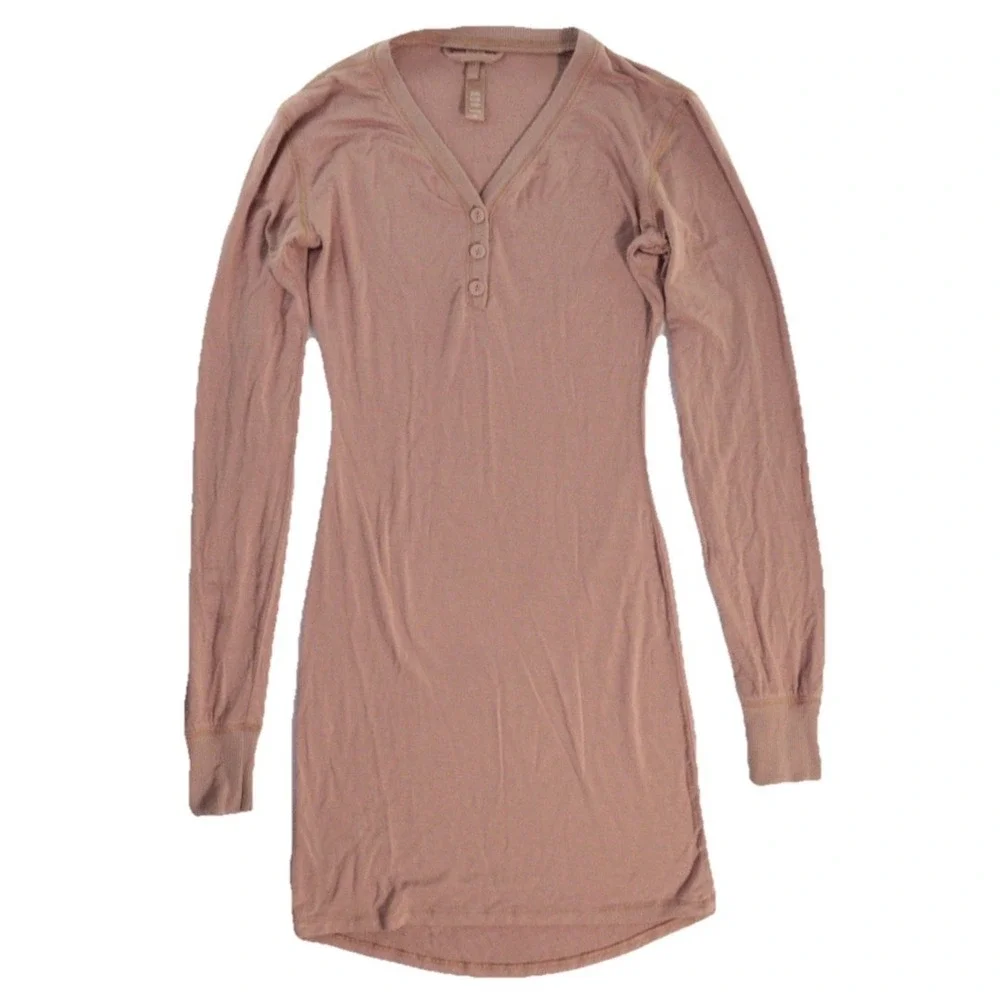 Skims Henley Sleep Long Sleeve Mini Dress Night Gown Bodycon Sz XS 2 Set